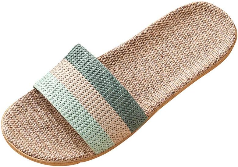Stripe Linen Slipper for Women Lightweight Absorb Sweat Lounging Slide Colorblock Comfy Open Toe Sandal Beach Shoe