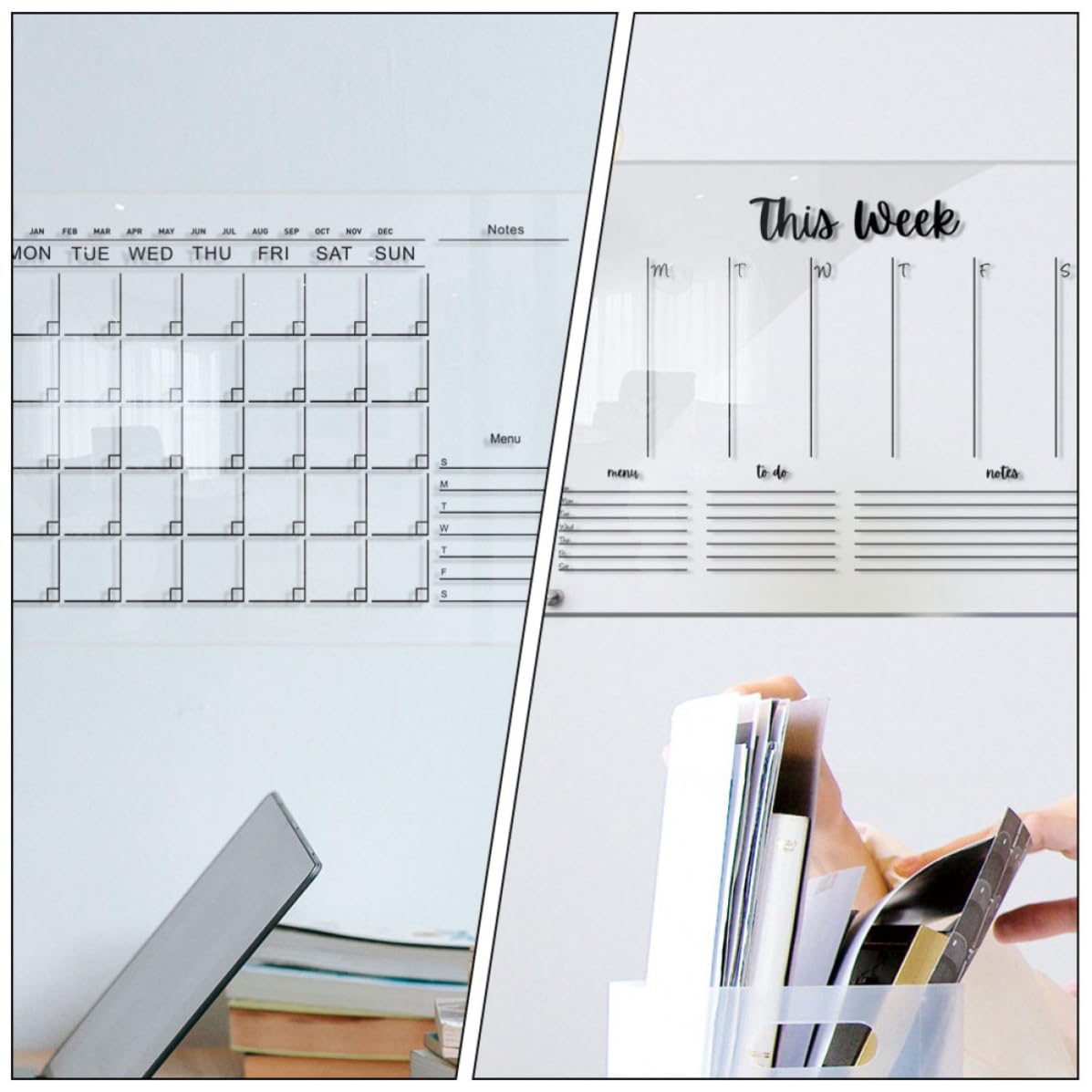 Set da 2 Lavagne Memo in Acrilico Trasparente Cancellabili per Parete, Design Semplice Moderno, per Ufficio e Cucina, Funzione Scrittura e Disegno