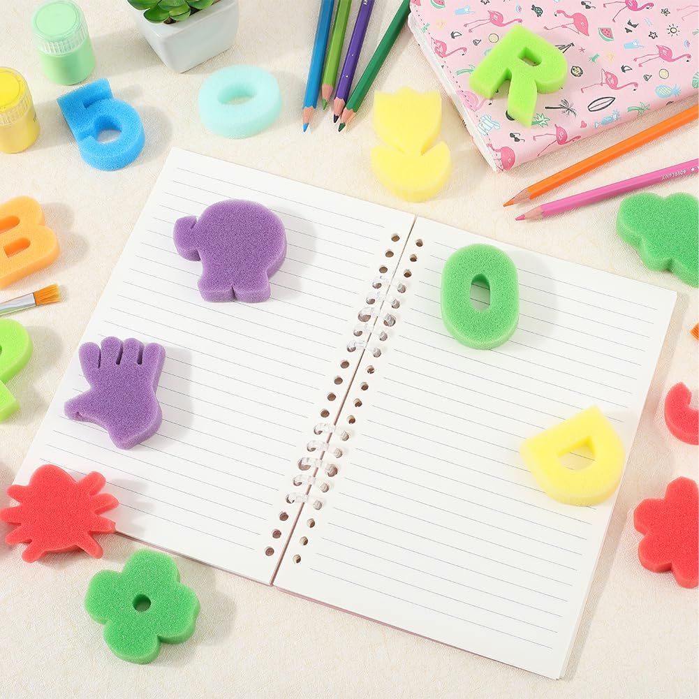 60Pcs Letter Sponge Stamps Paint Sponge Kit Assorted Colorful Alphabet Number Small Mixed Shaped Drawing Foam Craft Stamp for DIY Art Crafts Learning Models Activities Brushes Tool Decoration