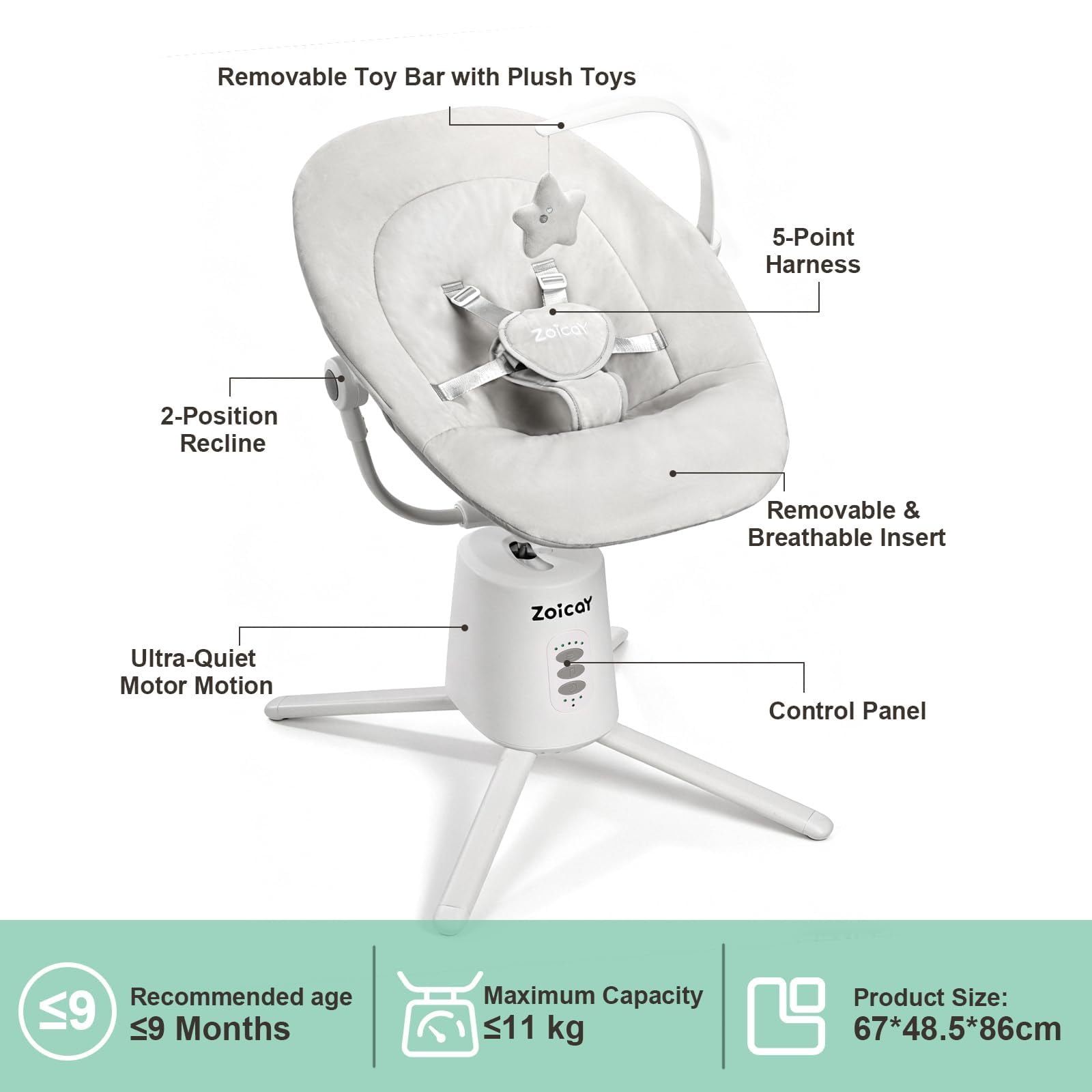 Transat Bebe Electrique Zoicay Balancelle Bebe Electrique 3 Modes avec Inclinaison Réglable, fonction de Timing et Musique Télécommande Bluetooth contrôle pour intérieure et extérieure (Blanc)