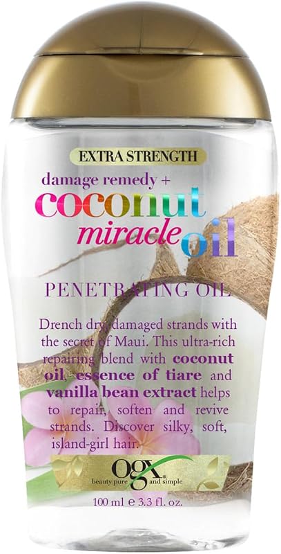 OGX Coconut Miracle Oil Extra Strength Penetrating Hair Oil for Dry, Damaged, and Frizzy Hair, Intense Hydration, Frizz Control, and Shine with Coconut Oil, Tiare, and Vanilla Bean Extracts, 100 ml