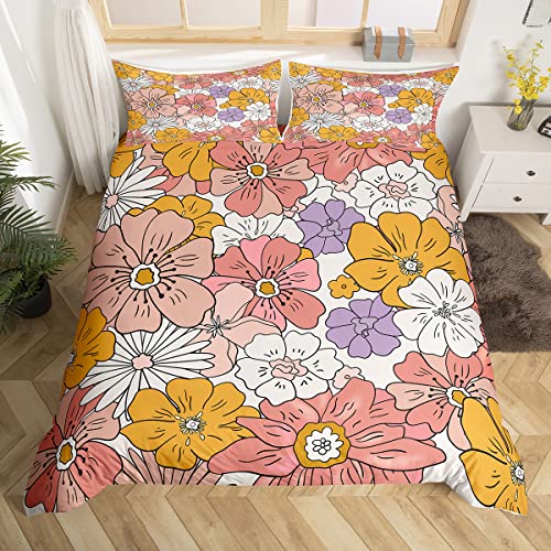 Groovy Flower Comforter Cover 60S 70S 80S Flowers Pink Purple Yellow Bedding Set Retro Floral Boho Duvet Cover for Children Kids Boys Girls Microfiber Bedspread Cover Room Decor Bedclothes Q
