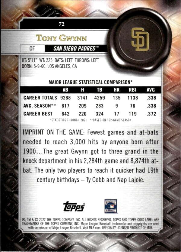 Miniatura 2 de 2022 TOPPS GOLD LABEL CLASS 1#72 TONY GWYNN SAN DIEGO PADRES BASEBALL OFFICIAL TRADING CARD OF MLB