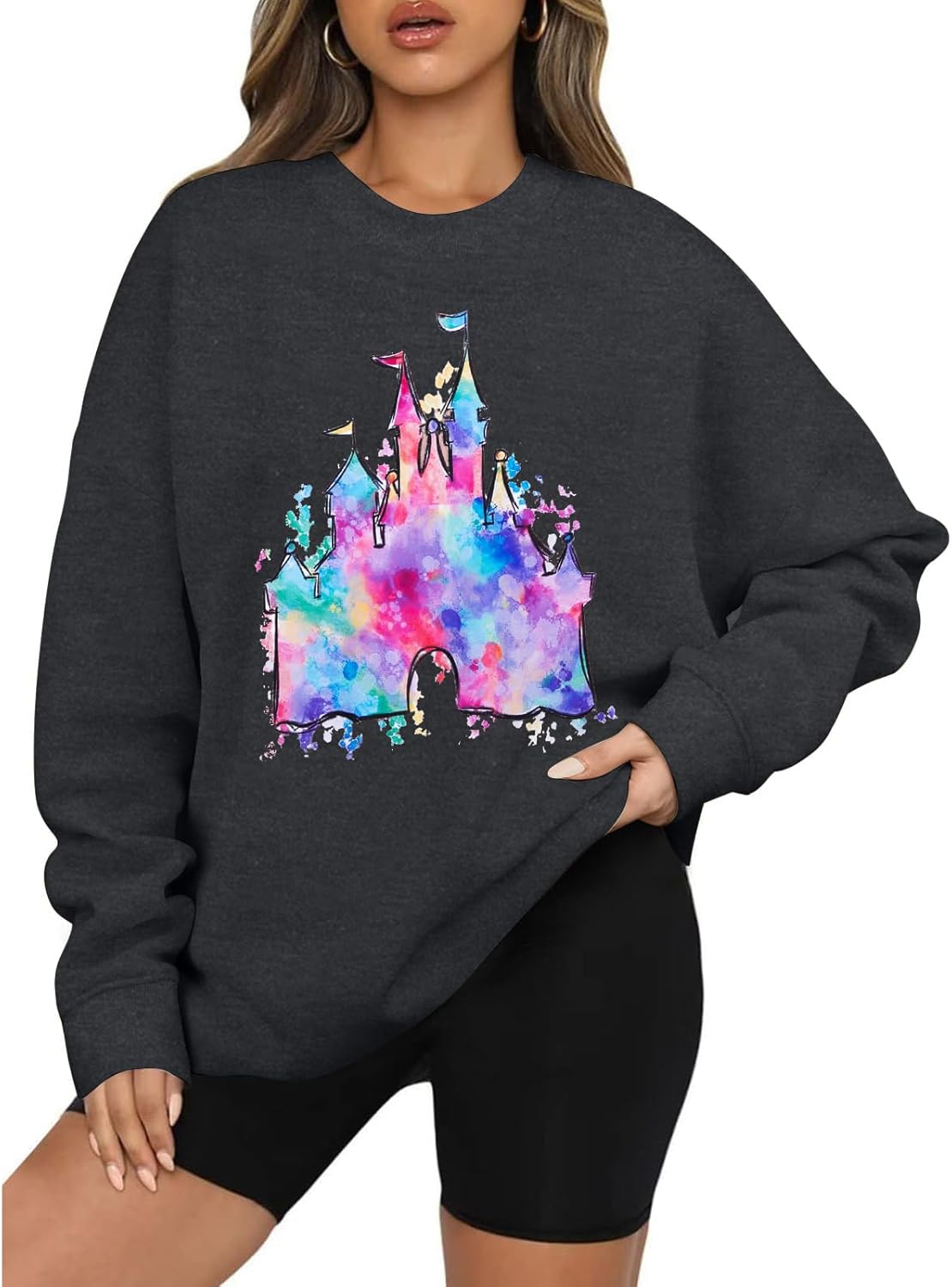 LUKYCILD Magic Kingdom Sweatshirts for Women Castle Oversized Sweatshirt Xmas Holiday Shirt Graphic Long Sleeve Pullover Tops
