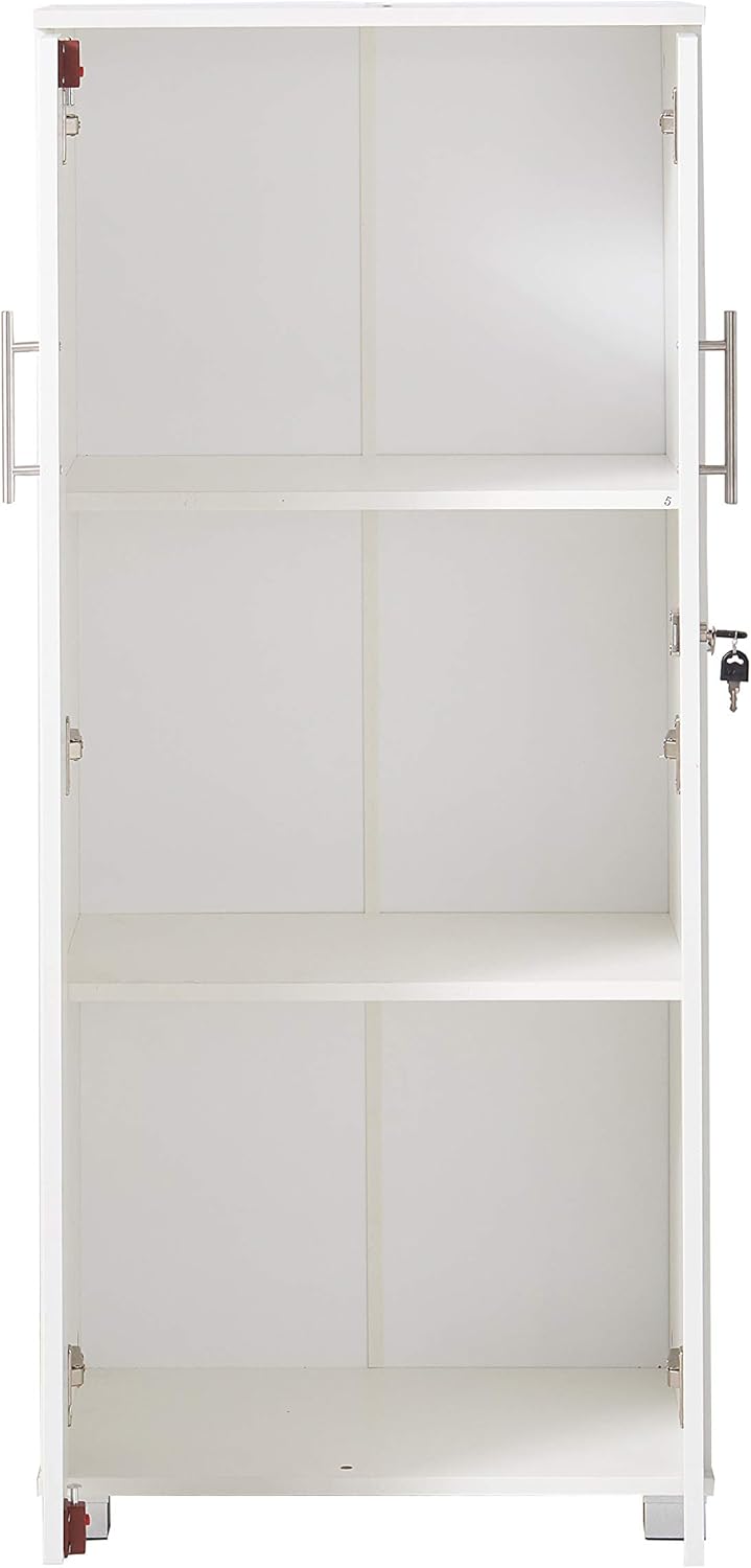 MMT Furniture Designs Ltd White Wooden Storage Cabinet with Locking Doors - Office, Kitchen, Garage Organizer Cupboard - Free-Standing File Filing Unit with 3 Shelves - Home and Pantry Organizer