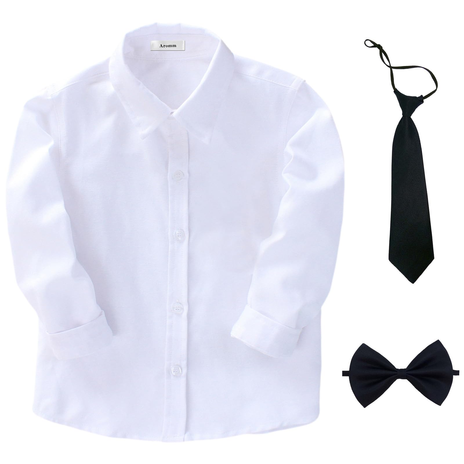 Garçons Manche Longue Chemise Habillée Solide L'école Uniforme Hauts Vêtements avec Cravate et Nœud Papillon