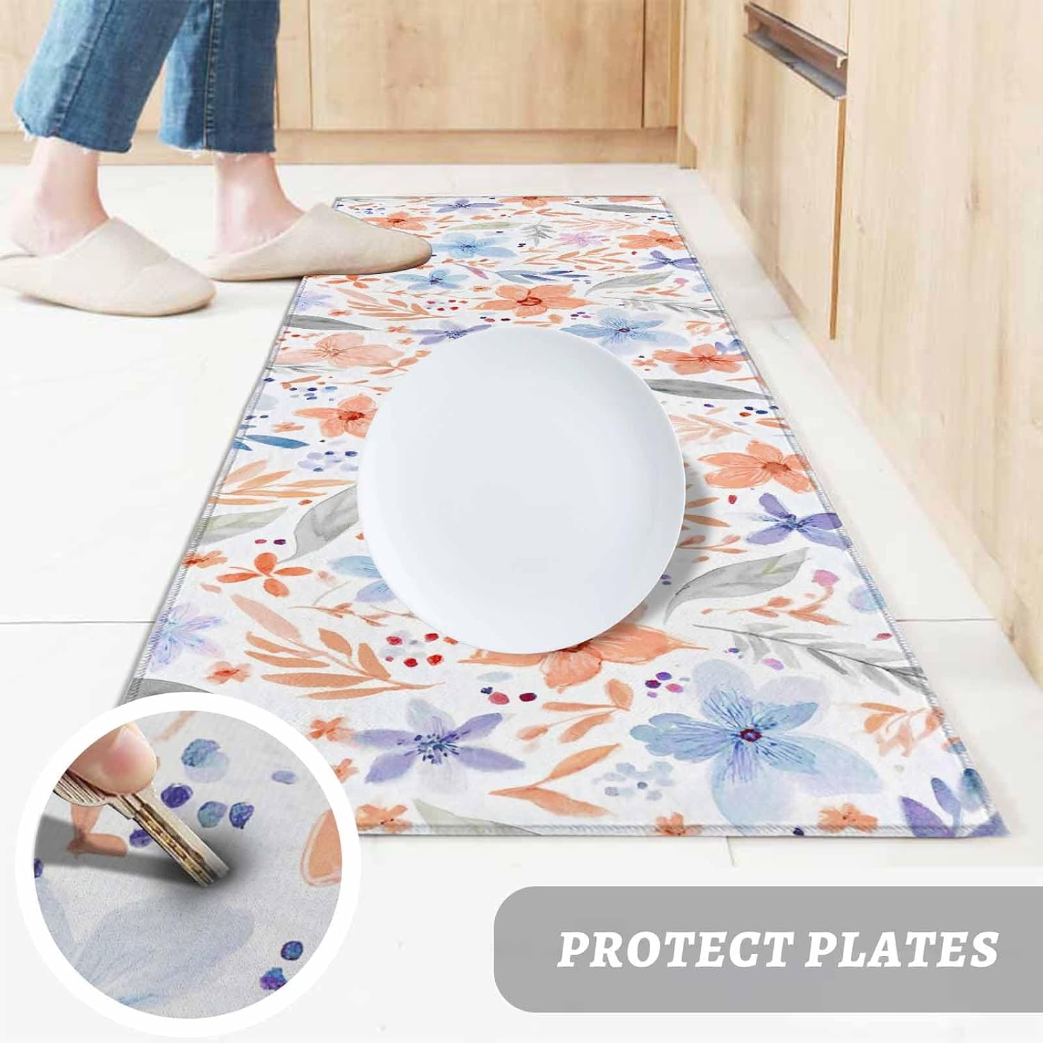 Teamery Kitchen Mats for Floor Watercolor Orange Blue Flower Leaves Washable Non Slip Kitchen Rugs 1PCS, Spring Summer Plants Absorbent Standing Mats for Sink Bathroom Office Living Room 23.6x70.9in
