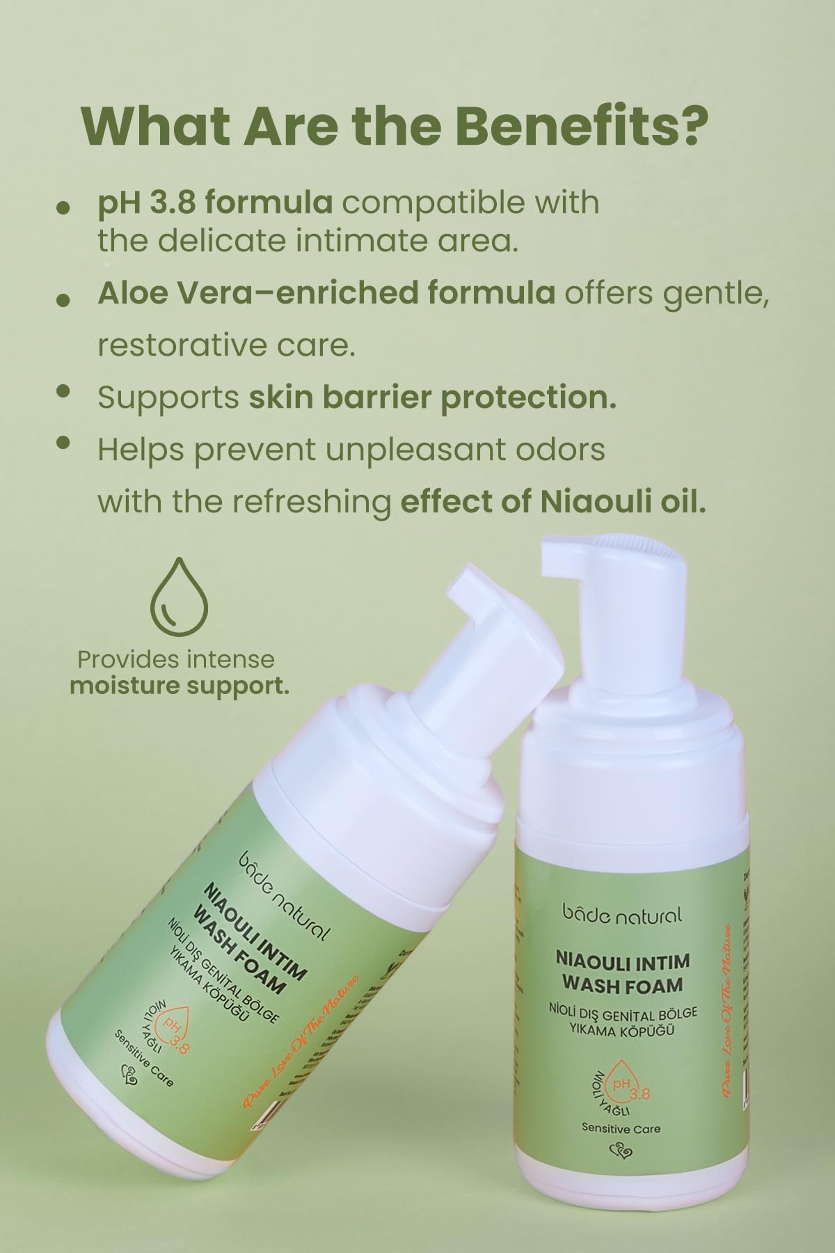 Bade Natural Niaouli Oil Feminine Foaming Wash – pH 3.8, Intimate Cleanser with Aloe Vera – Gentle Freshness & Moisture for Sensitive Skin, 4.2 fl oz (125 ml)