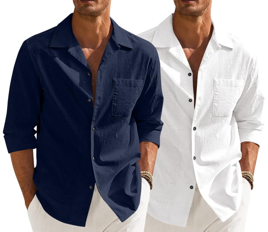Image of Combo of Men's Casual Cotton Blend Shirt || Long Sleeve Button Down with Spread Collar | Lightweight Breathable Fabric | Stylish Solid Shirt for Beach, Office & Everyday Wear Pack of 2