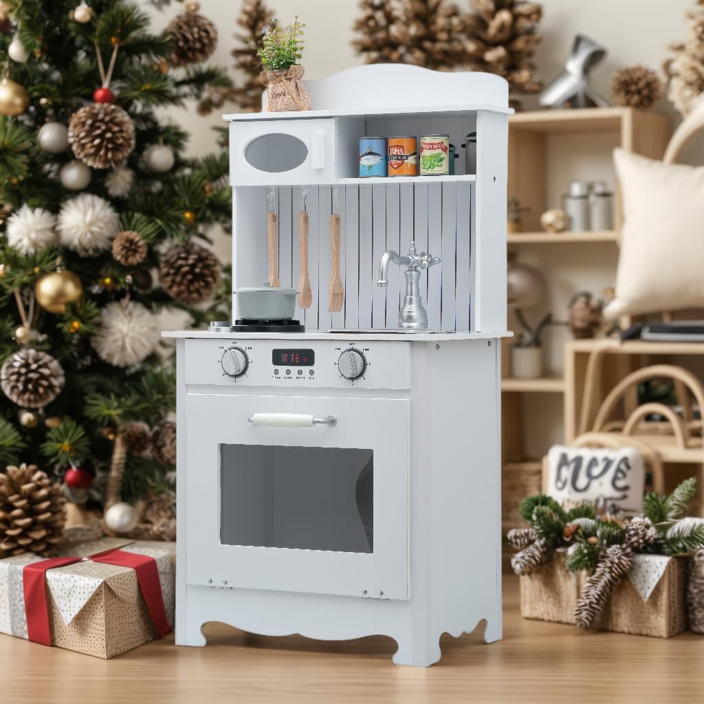 Play Kitchen Toddlers, Wooden Toy Kitchen Playset for Kids,Pretend Play Kitchens Set for Kid with Real Lights and Sounds, Toys Kitchens with 6pcs Cooking Accessories