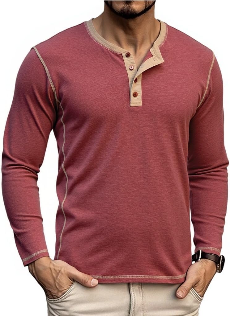Mens Henley Long Sleeve Shirts Casual Button Up T-Shirt Lightweight Pullover Basic Tee