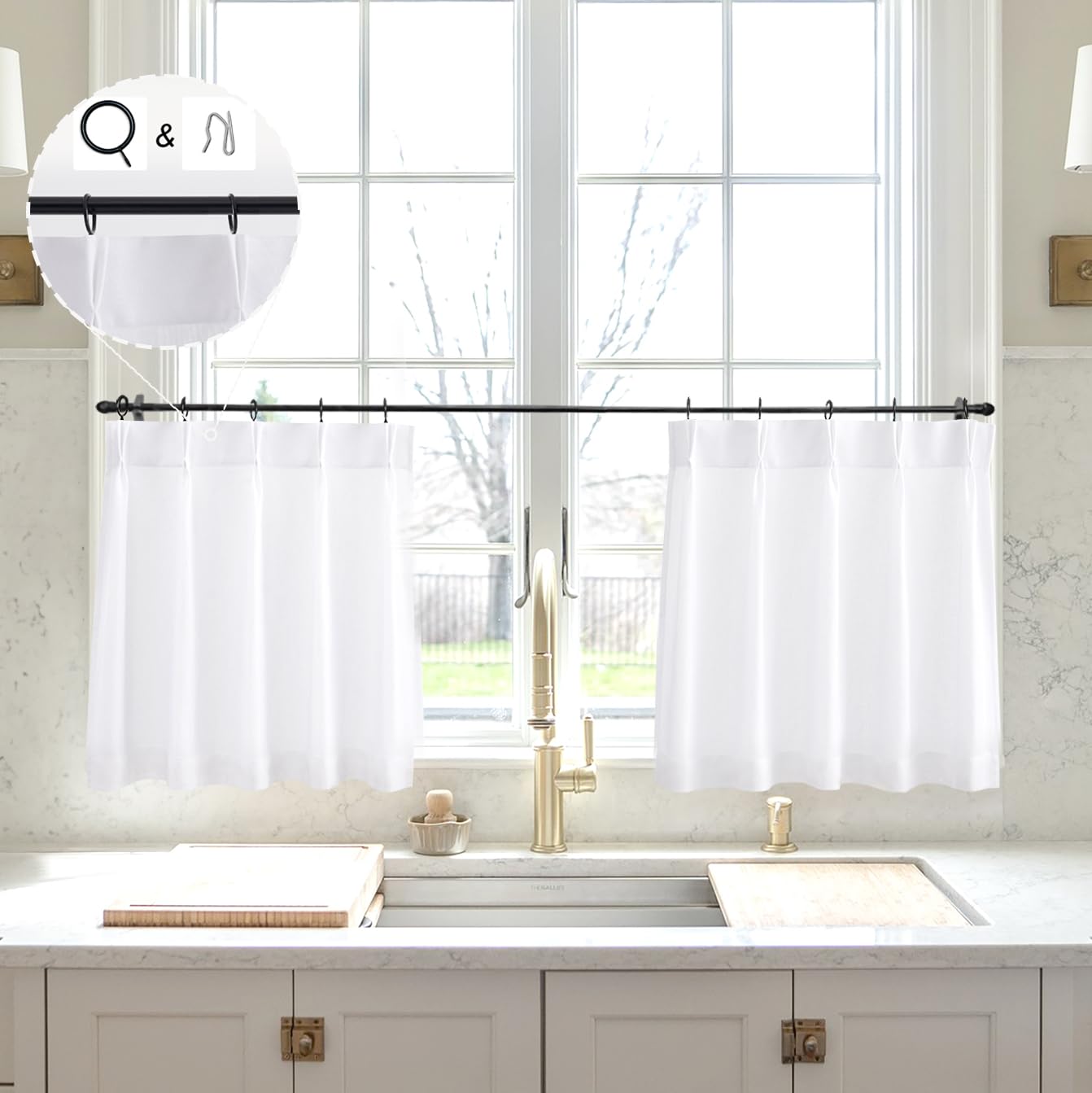 Limon Home White Linen Kitchen Curtains 20 Inch Length Pinch Pleat Cafe Curtains