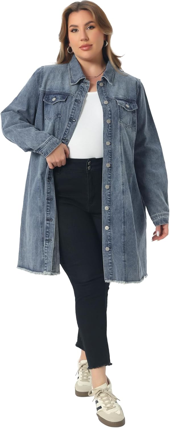 Agnes Orinda Women's Plus Size Denim Jacket Casual Long Distressed Button Up Pockets Jean Jackets Fall Outfits