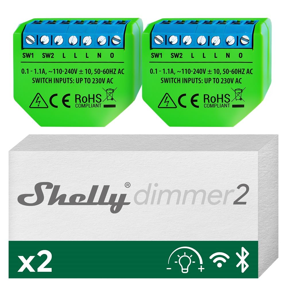 Shelly Dimmer 2 - Interrupteur Variateur de Lumière Wi-Fi, Gradateur LED et Halogènes, Intesnité variable 50-200 VA/10W-200 W, Aucun hub requis, Alexa & Google home, app iOS Android (Lot de 2)