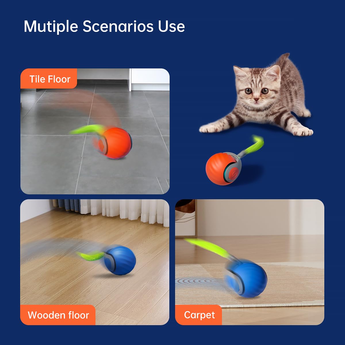Balle interactive pour chat - Balle intelligente cool pour chats ennuyés d'intérieur avec queues de plumes pour poursuivre, stimuler les mouvements - Jouet intelligent pour enrichir les