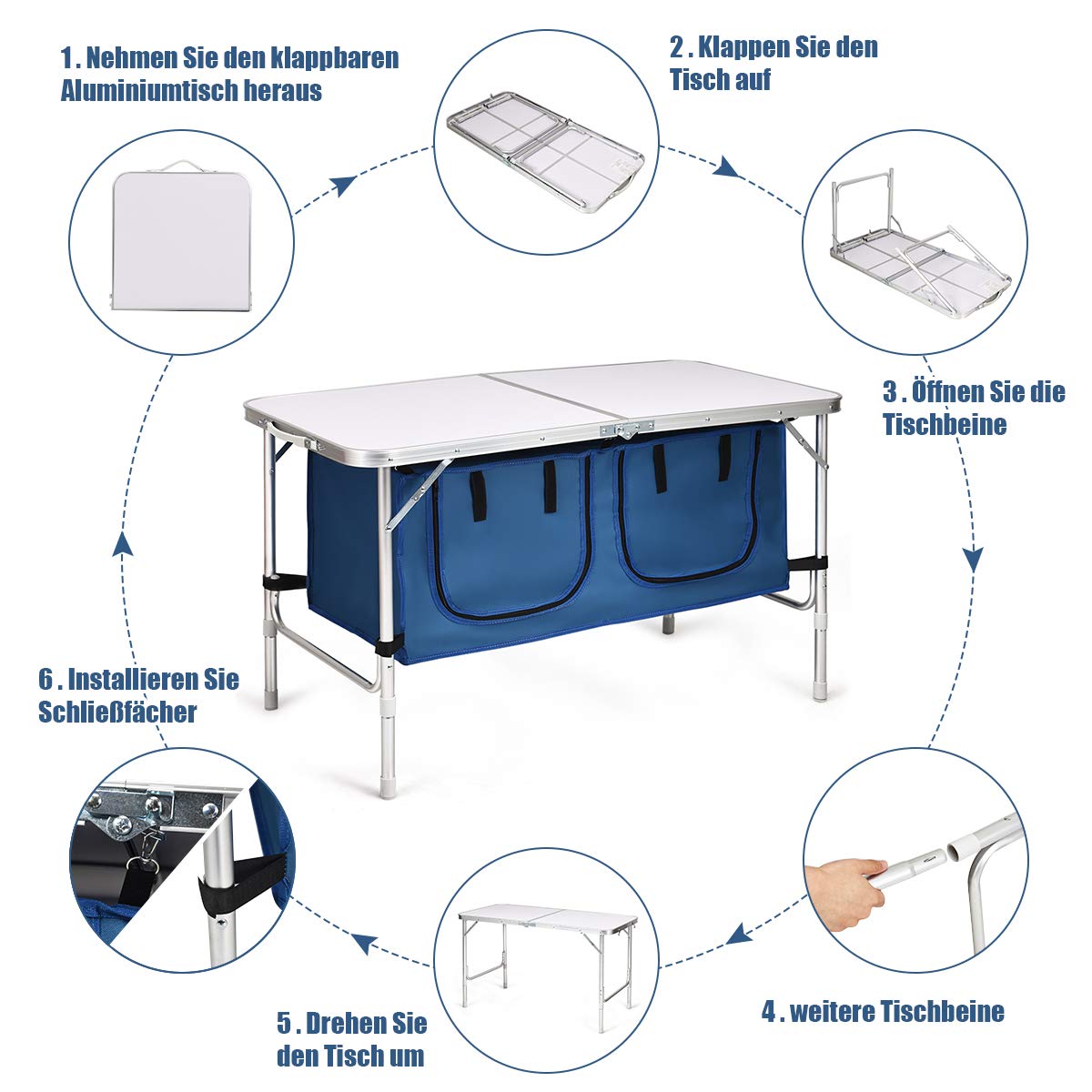 COSTWAY Campingküche mit großem Stauraum, Reiseküche Klapptisch Alu Höhenverstellbar von 53-70cm, Gartentisch Picknicktisch Campingschrank