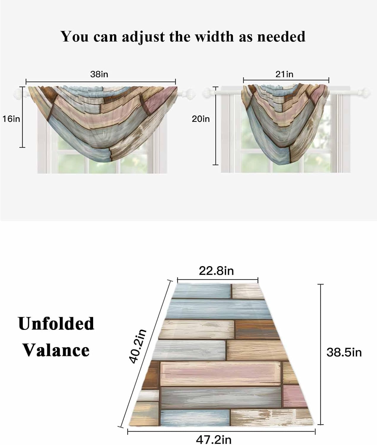 Blue Brown Pink Farmhouse Sheer Waterfall Valance Curtains for Window, Vintage Rustic Wooden Texture Rod Pocket Sheer Topper Swag Curtains for Living Room, Kitchen 38.5" W x 47.2" L, 3 Panels