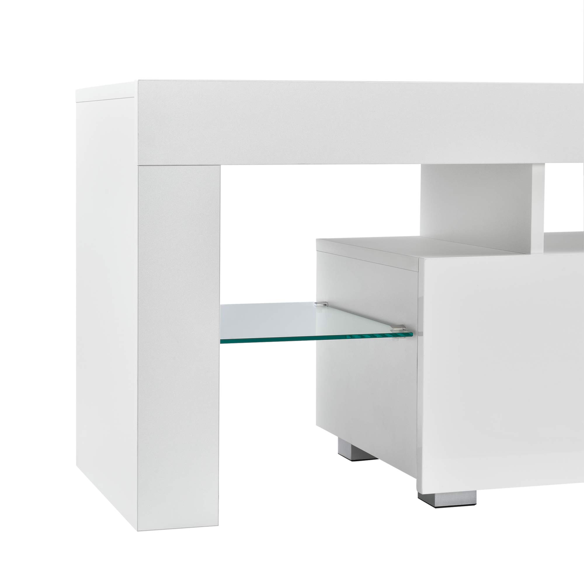 [en.casa] Mobile Porta TV con Illuminazione LED RGB con 2 Ripiani Mensole in Vetro e Scomparti Stand TV Multimediale con Luci e Cassetto 130 x 35 x 45 cm - Bianco