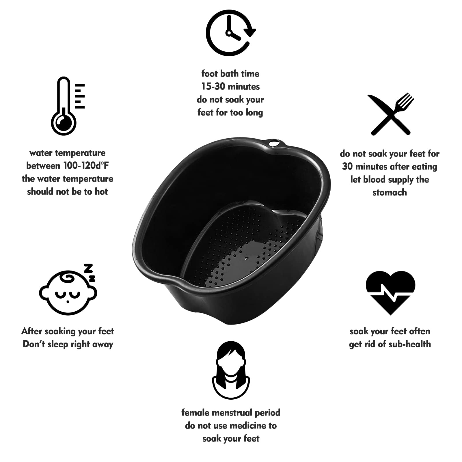 Cuenco de Spa para Baño de pies Grande, Lavabo para Pedicura y Relajación de Plástico Resistente y Grueso, Ideal para Desintoxicación y Masaje de Pies, Uñas y Tobillos (Negro)