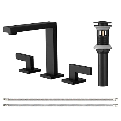 Homevacious Matte Black Bathroom Faucet 2-Hnadle 8 Inch Widespread Bathroom Sink Faucet 3 Hole Modern Vanity Sink Faucet with Pop Up Drain Assembly and Supply Hose 3 Pieces Basin Faucets Mixer Tap