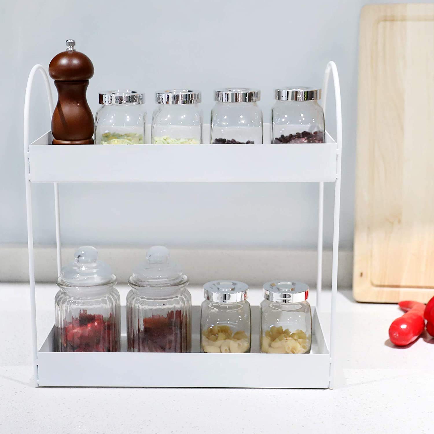 Go Hooked 2-Tier Standing Rack Bathroom Countertop Organizer Vanity Tray Cosmetic Makeup Storage Kitchen Spice Rack Standing Shelf (White, Metal, Pack of 1) 4
