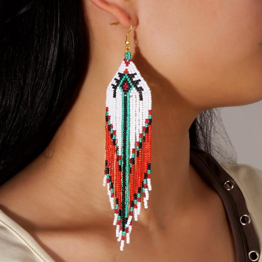 Bohemian Tassel Colorful Beaded Earrings For Women Trendy, Long Fringe Feather Drop Jewelry Handmade Gifts. image 2