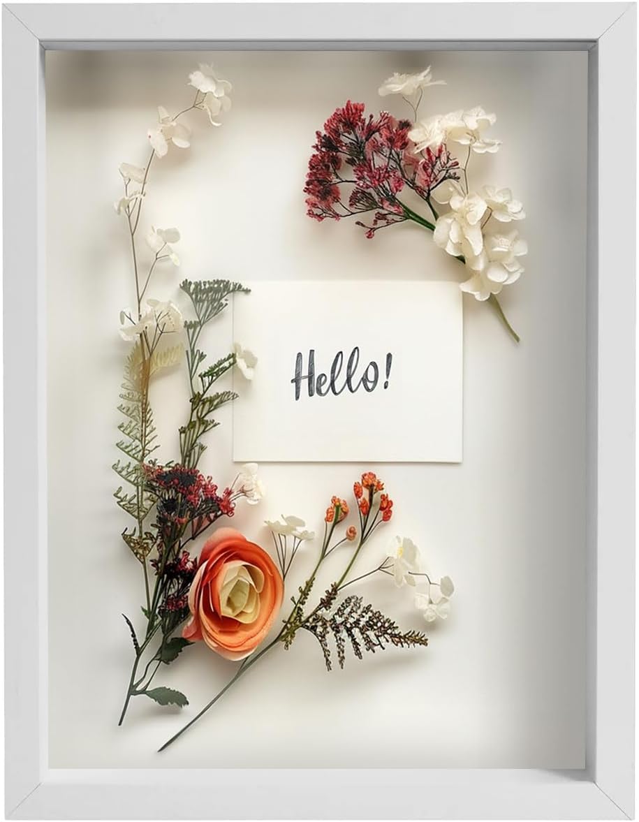 FrameWorks 12” x 16” White Wooden Shadow Box Frame – Display Case with Soft Felt Back, Memory Box with Tempered Glass, Display Box with Elegant White Ball Push Pins, Wooden Flower Box