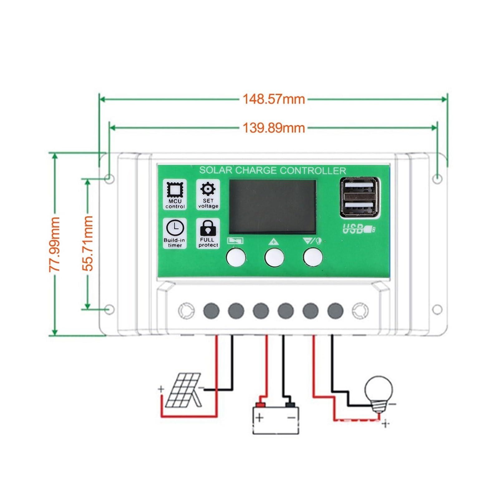 Regolatore di Carica Pannello Solare, Regolatore Solare 10A-100A 12V/24V Regolatore adattivo della Batteria Carica e scarica di Controllo lampione fotovoltaico 2USB(100A)
