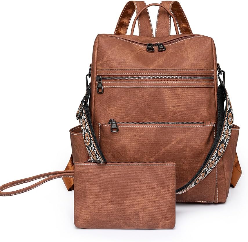 Backpack Purse for Women Large School Backpack Vegan PU Leather Backpack Ladies Anti-theft Rucksack Fashion Shoulder Bag Waterproof Handbags for Travel Hiking Working, Brown