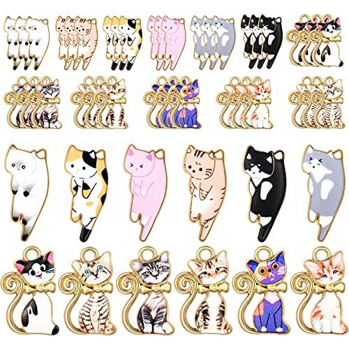 48 Pieces 12 Types Enamel Cat Charms Alloy Bracelets Charms DIY Black Purple Pink Jewelry Making Charms Metal Necklace Charms with Hoop Cat Craft Supplies for Jewelry Making Necklace Bracelet Anklet