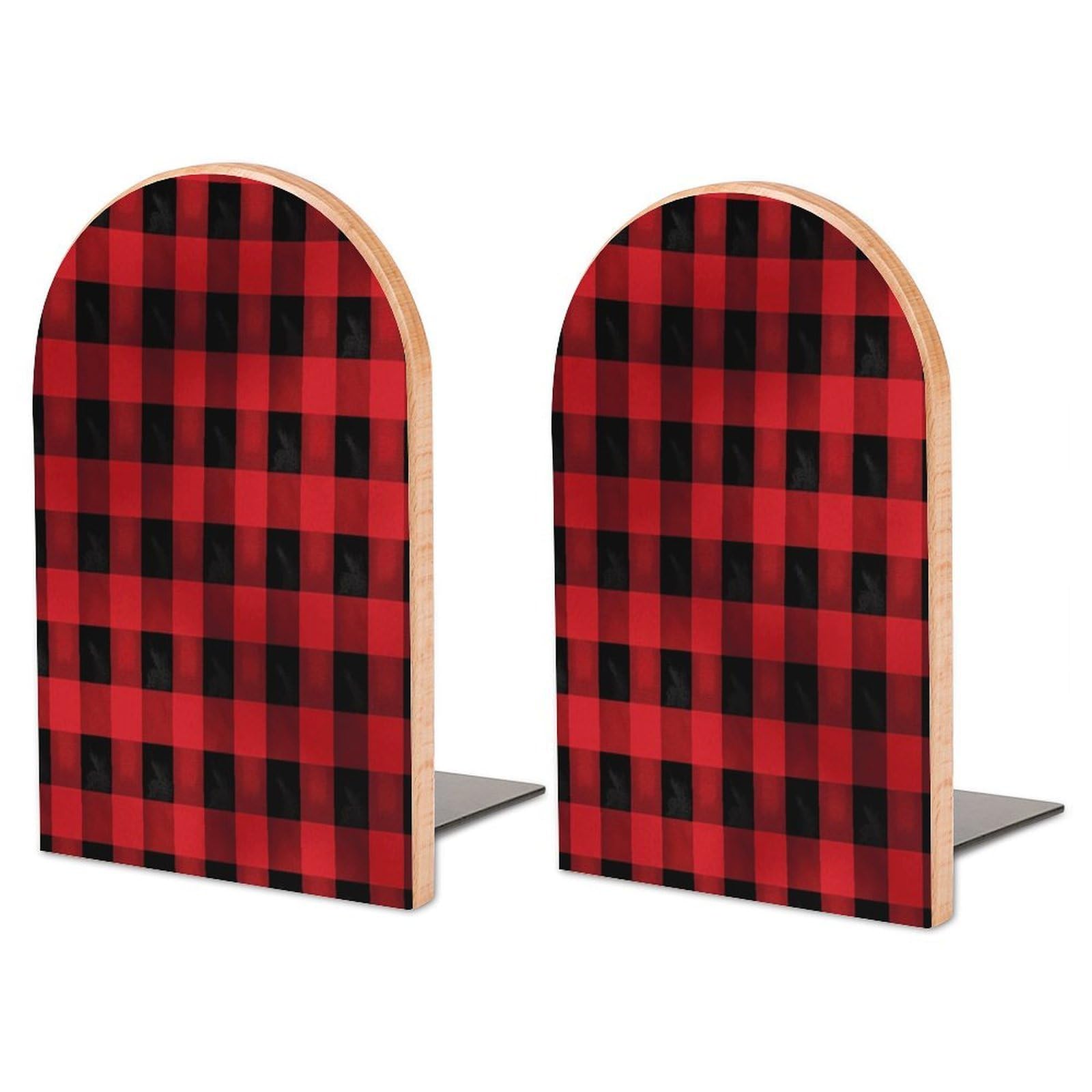 Red Black Check Plaid Pattern Wood Bookend for Shelves 1 Pair