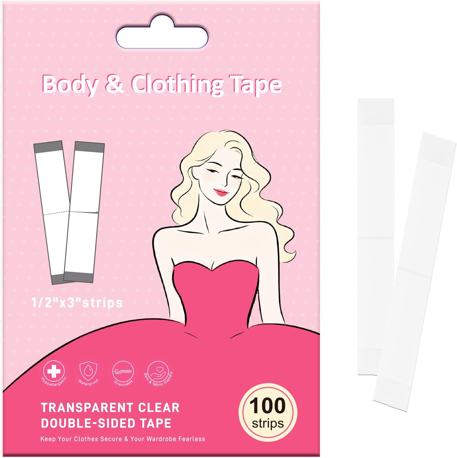 Double Sided Body & Clothing Tape (100 Strips) – Clear Hypoallergenic Fashion Tape for Dresses Adhesive for Sensitive Skin