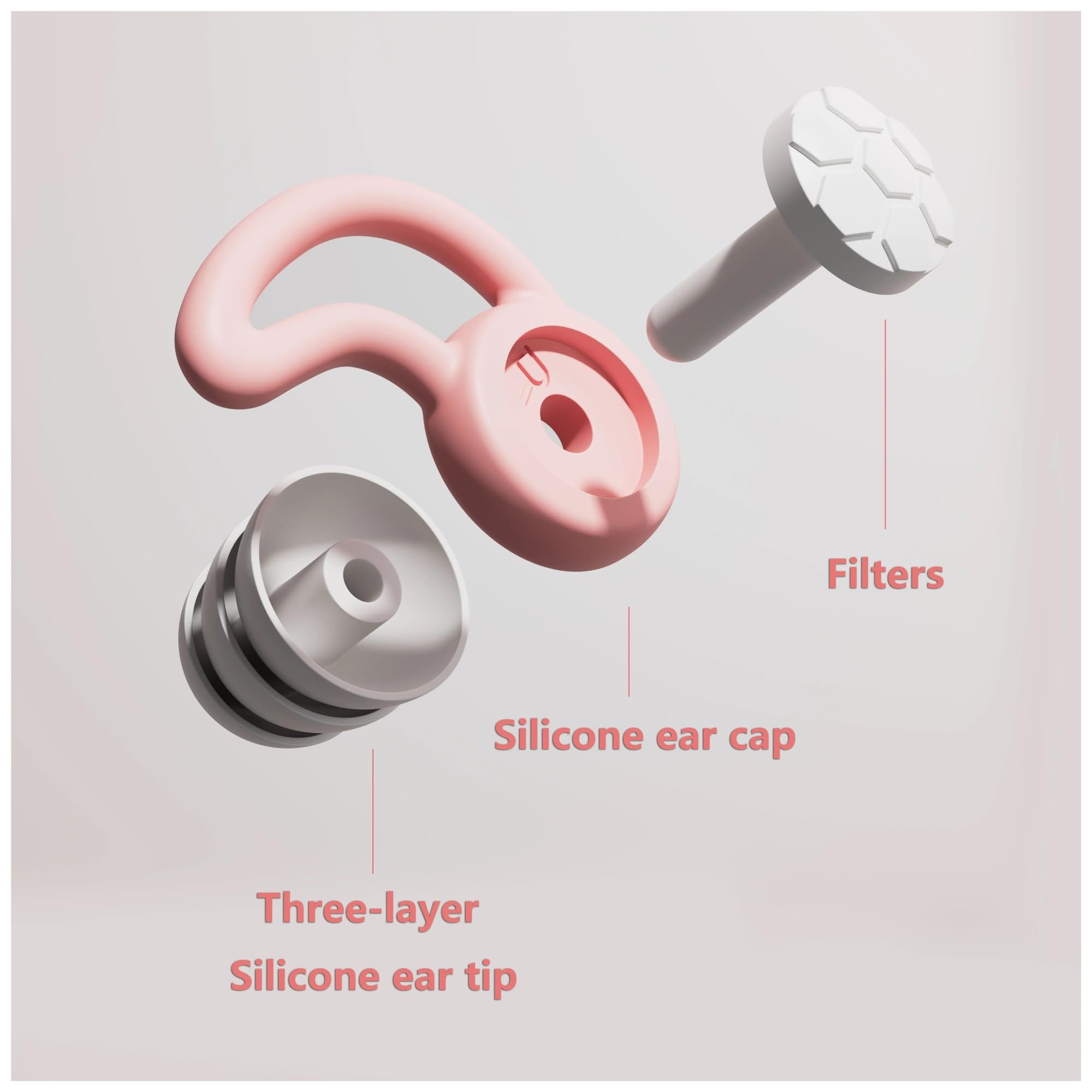 Tapones de silicona de 3 capas reutilizables para los oídos, reducción de ruido, tapones suaves para los oídos, dormir, nadar, trabajo, protección auditiva (10 pares, rosa)