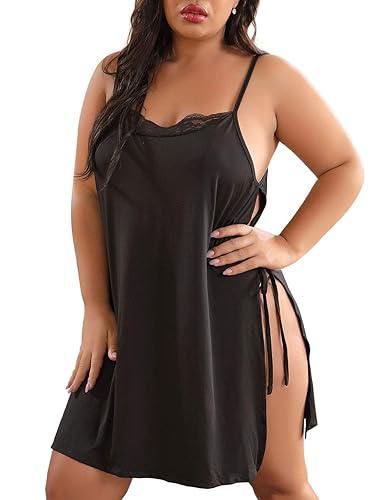 XAKALAKA Women Plus Size Lace Babydoll Lingerie Side Slit Strappy Chemise Sleepwear - 3X-Large - Black