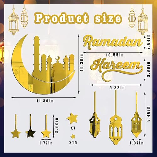 Miniatura 3 de ALIBBON Calcomanías de Ramadán Kareem, calcomanías doradas de farol de castillo de luna, decoraciones de pared de Eid Mubarak para el hogar,