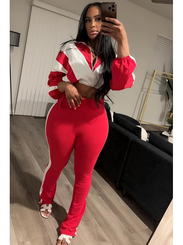 Uni Clau Womens Sweatsuits 2 Piece Set Contrast Color Long Sleeve Zip Up Cropped Jacket Leggings Pants Jogger Track Suits Red by Uni Clau - Image 2