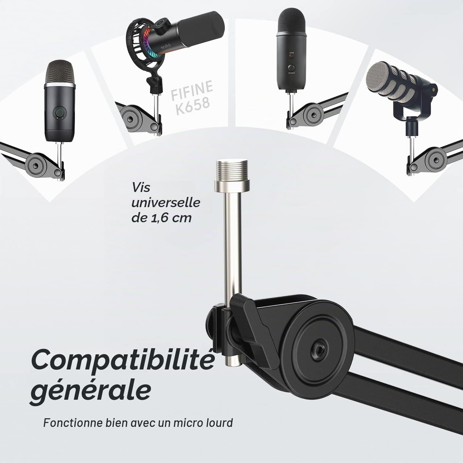 FIFINE Bras de Micro, Suspension Supports de Microphone, 3/8'' vers 5/8'' Vis Adaptateur, pour K658 AM8 K688 A8 et Autres Micros, pour Studio Enregistrement Vidéo