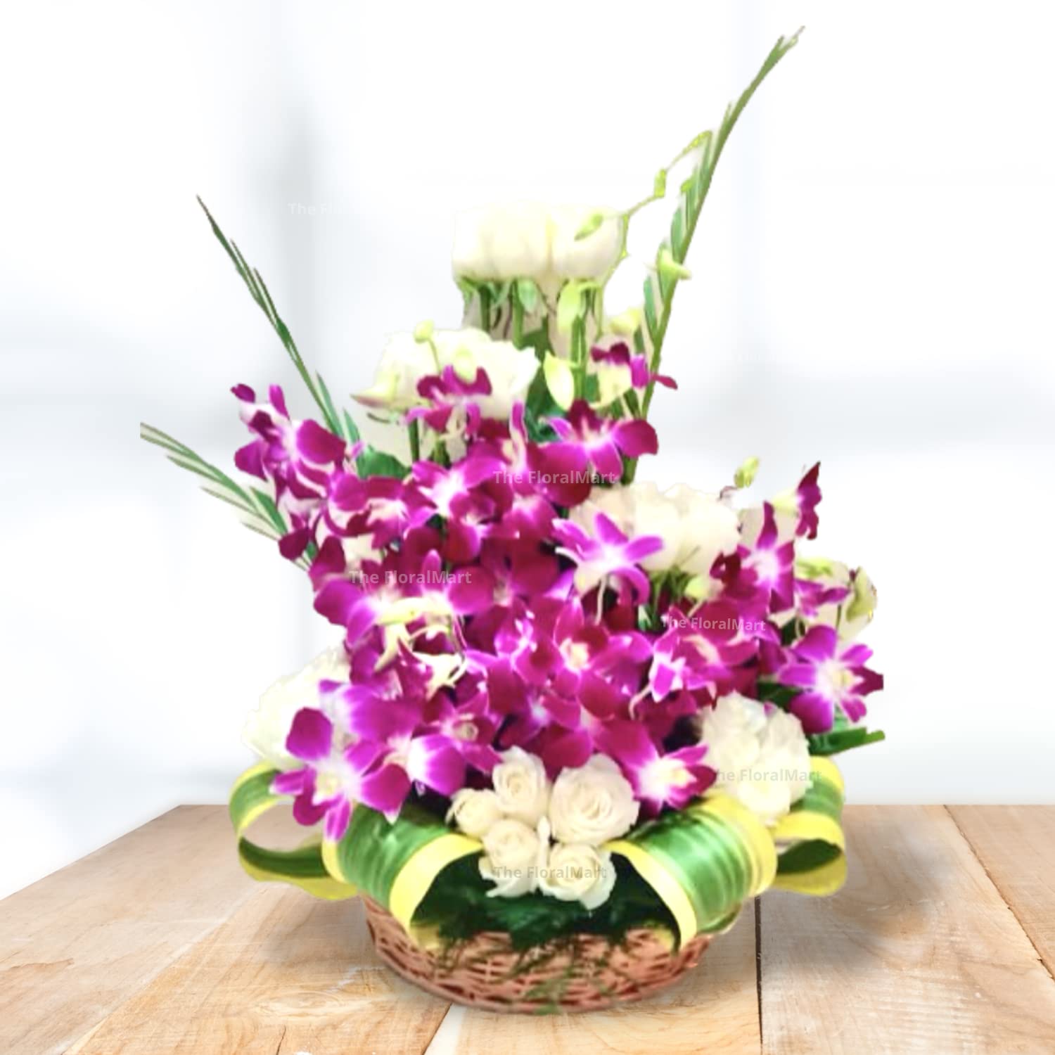Fresh Flowers Premium Basket Arrangement of 25 White Roses and 10 Orchids with Leaves and Fillers, For Birthday, Anniversary or Any Occasions.-picture-12