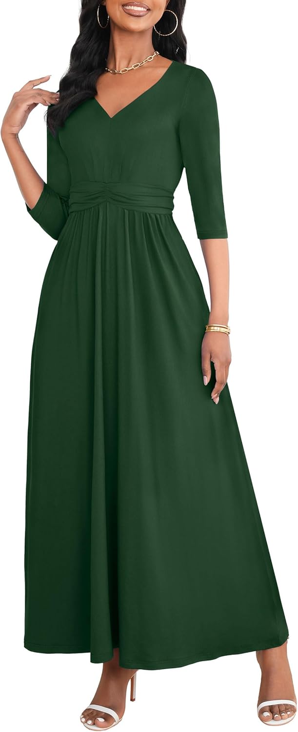 FANDEE Casual Maxi Dress for Women Summer Wtih Pockets 3/4 Sleeve V Neck Elastic High Waist Elegant Pleated A-Line Dresses - Image 4