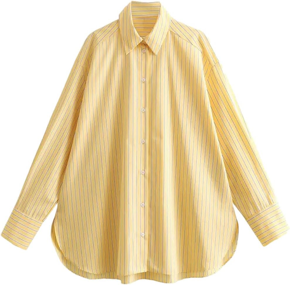 Women Striped Loose Shirts Long Sleeve Lapel Button Down Office Lady Blouses Top