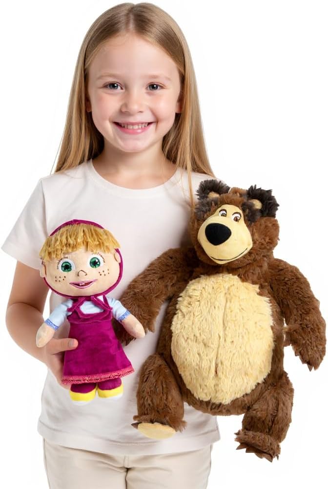 Masha and the Bear Official Plush Toy Set – 10″ Masha & 15″ Bear Stuffed Animals – Cuddly Gift for Kids – Dolls from Hit Animated Series – Collectible Playset for Girls & Boys