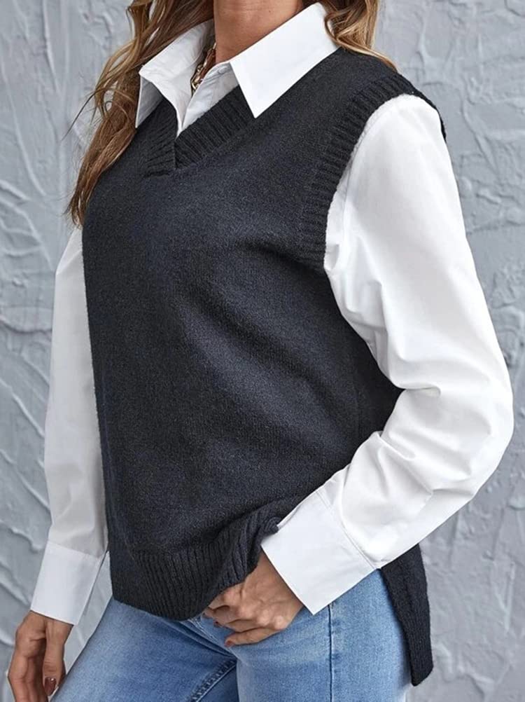 ORANDESIGNE Femmes Col en V sans Manches Couleur Unie à Carreaux en Tricot Gilet Tricots Décontracté en Tricot Débardeur Pull Filles Hiver Automne Style Preppy Argyle