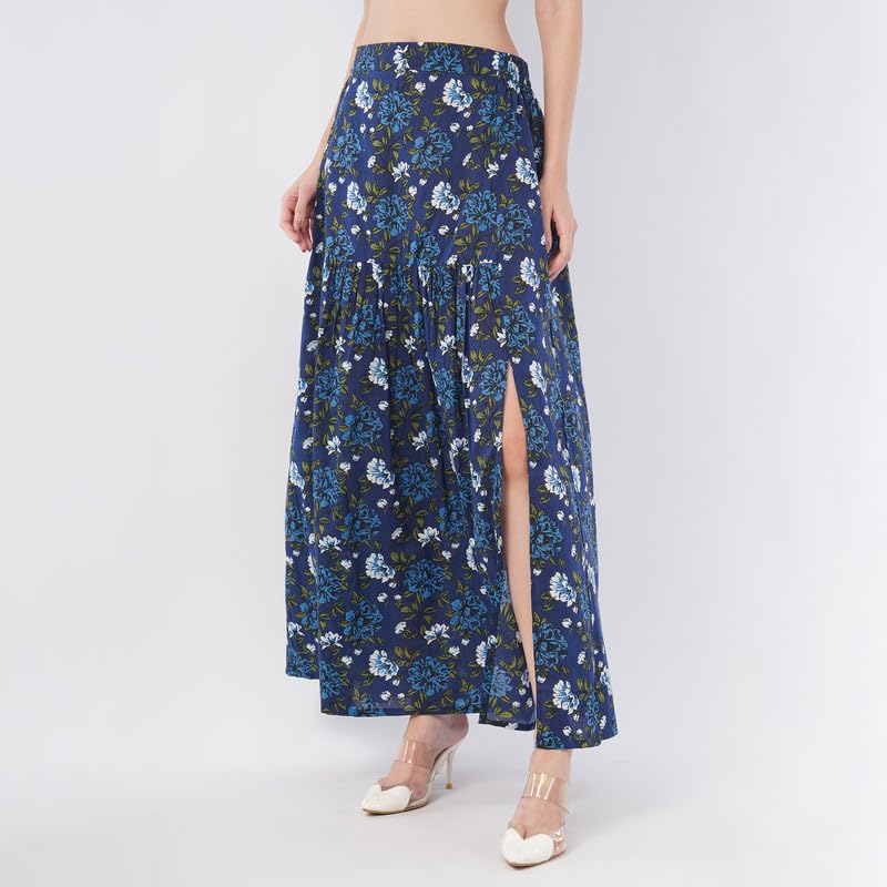Rabhika Women’s Dark Blue Floral Patterned Pure Cotton Maxi Skirt, Elegant Flowy Long Skirt for Daily Ethnic Wear| S 3