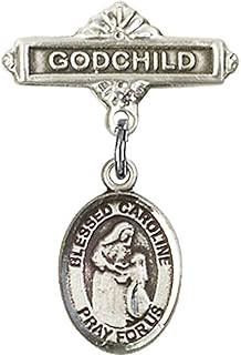 Sterling Silver Baby Badge with Blessed Caroline Gerhardinger Charm and Godchild Badge Pin 1 X 5/8 inches