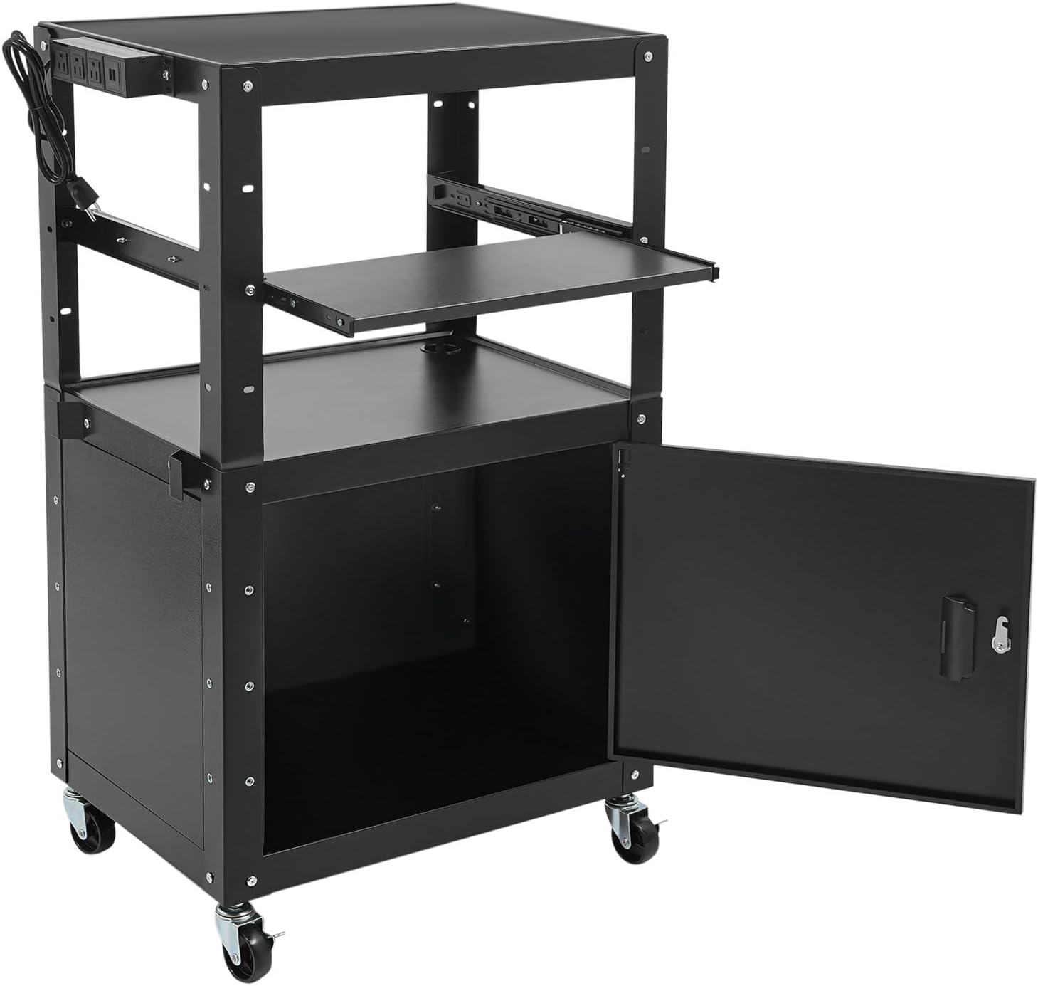 Projector Cart AV Cart with Power Strip, Rolling Media Cart with Wheel, Pullout Tray, Storage Cabinet, 31.5" to 43" Height Adjustable Heavy Duty Computer Workstation for Laptop Projector Printer Black