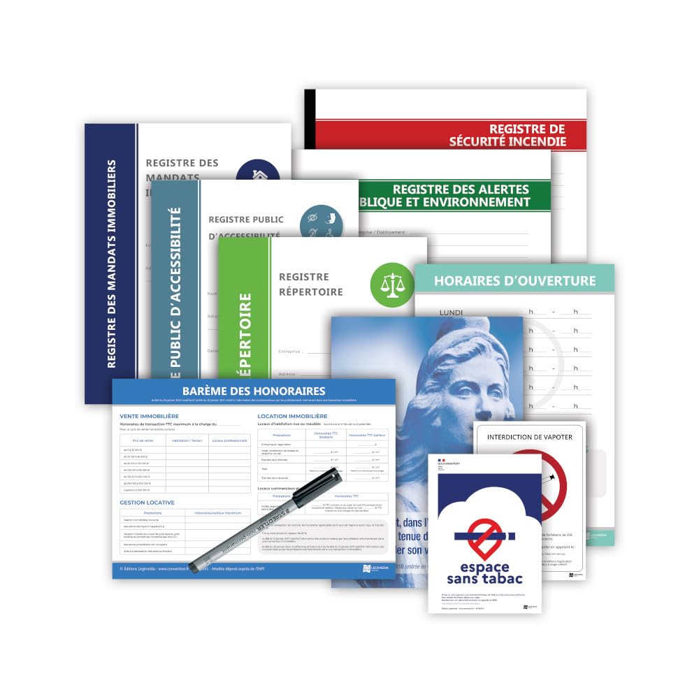 Pack de mise en conformité Agence Immobilière - 5 Affichages et 5 Registres obligatoires avec 1 stylo-feutre offert - Édition 2026 - Kit de fixation inclus - Fabriqués en France - LEGIMEDIA ÉDITIONS