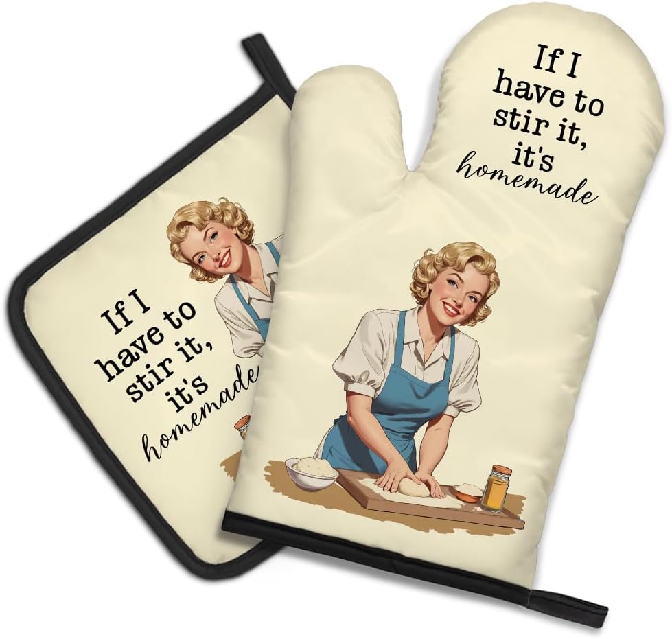 DYJYBMY If I Have to Stir It It's Homemade Funny Oven Mitts and Pot Holder Set for Cooking Grilling, Kitchen Gadgets for Women, Funny Baking Gifts for Chef Friend, Hostess Baking Gifts for Mom Sister