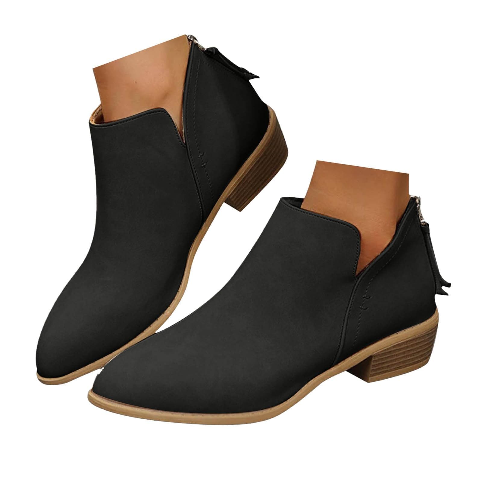Western Shoes Ankle Boots for Women V Cutout Ankle Boots Pointed Toe Chunky Stacked Heel Booties Zip Up
