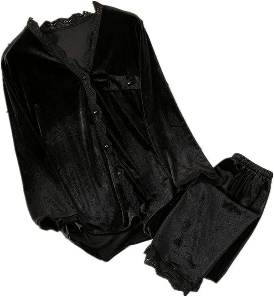 HUJINGLS Velvet Pajamas Women Autumn Winter Sleepwear Long Sleeve Casual Nightwear Pyjamas Suit Loose Home Clothes Lace Trim Sleep Set, XL