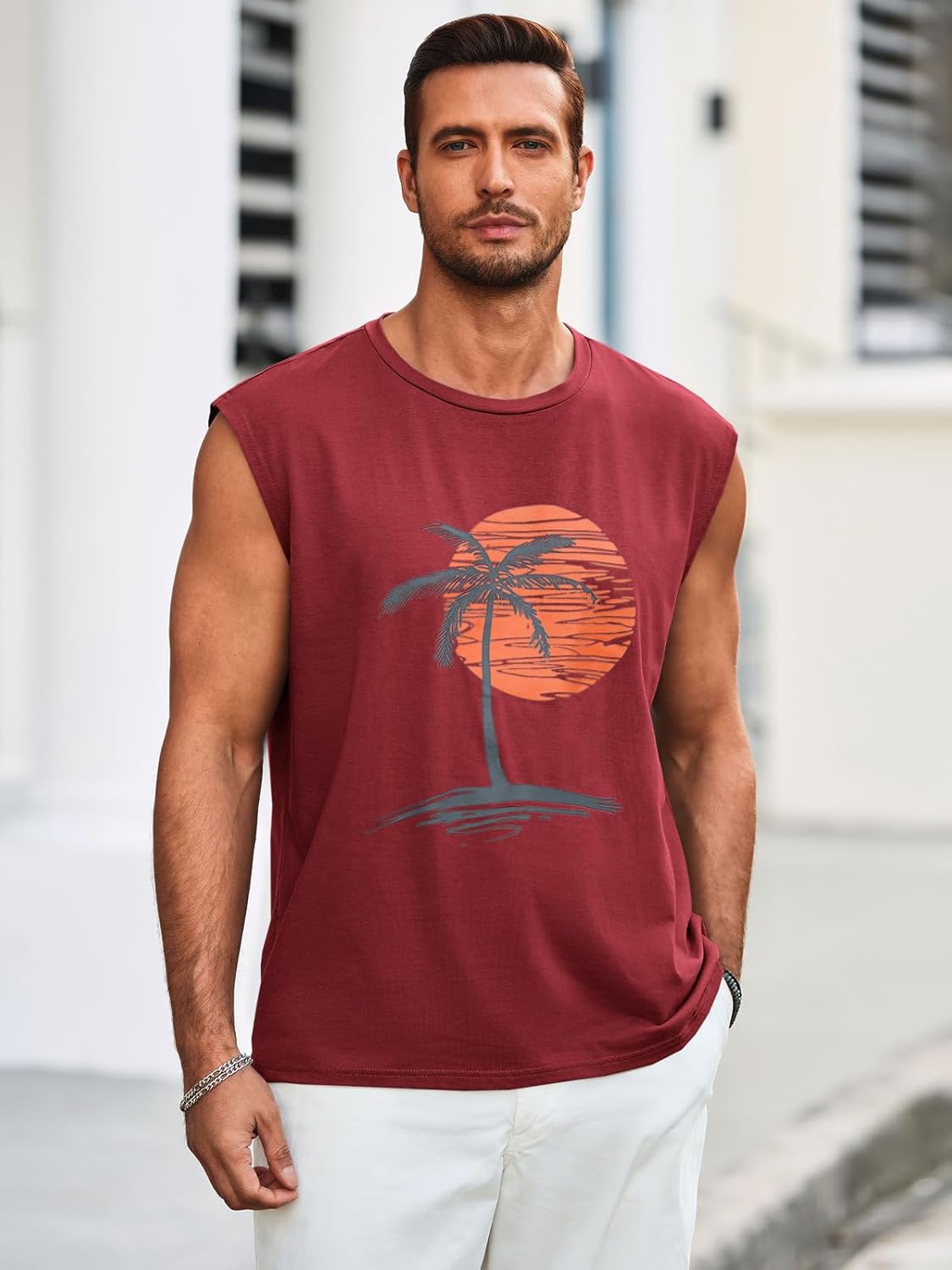 Runcati Mens Sleeveless Tank Tops Workout Gym Muscle Shirts Palm Tree Vintage Hawaiian Summer Beach T Shirts - Image 2